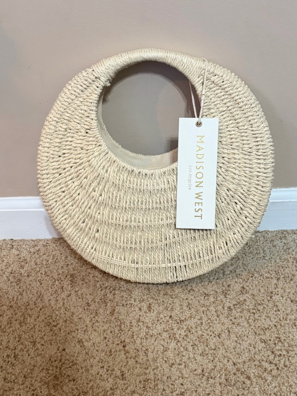 Madison West Woven Round Straw Handbag in Natural Cream